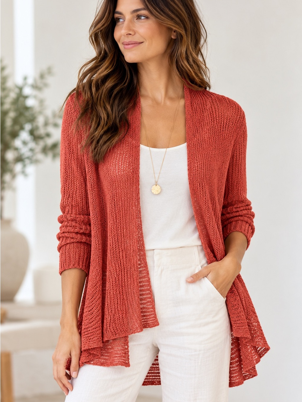 Eileen Fisher Airy Linen Grain Rib Flutter Cardigan Coral Size L